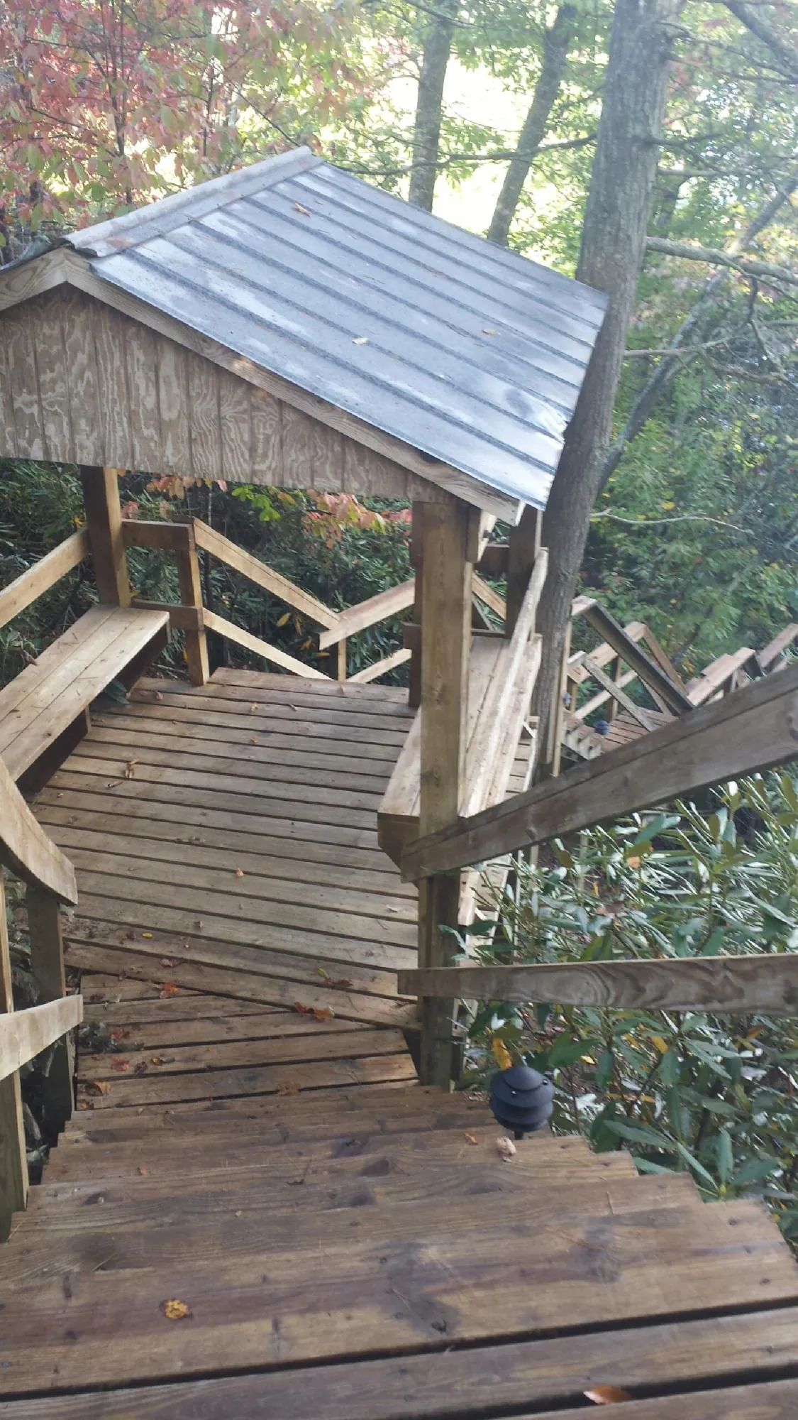 Metal roofed shelter over wooden steps on a wooded walkway — Skylight Repair & Installation work by our crew in Yanceyville